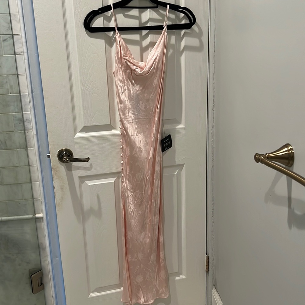LuLu’s All About You Blush Pink Floral Jacquard Satin Midi Dress